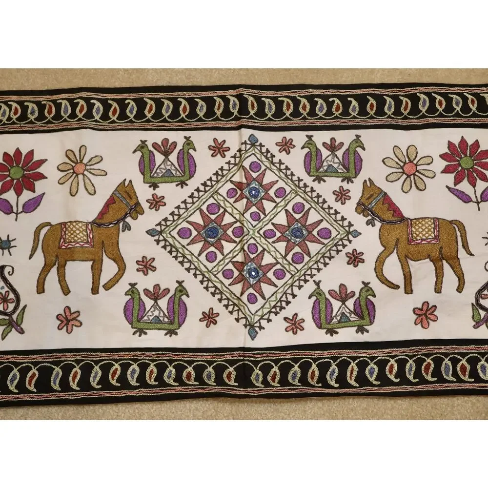 Indian Hand Embroidered Mirror Work Table Runner Wall Hanging Textile